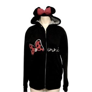 DISNEY STORE sz Medium Minnie Mouse Full Zip Hooded Sweatshirt Bows Black Red